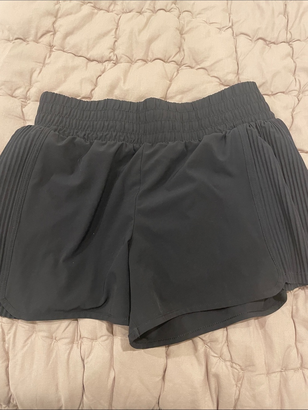 all in motion Black Smocked-Waist Athletic Shorts with Pleated Side Panels